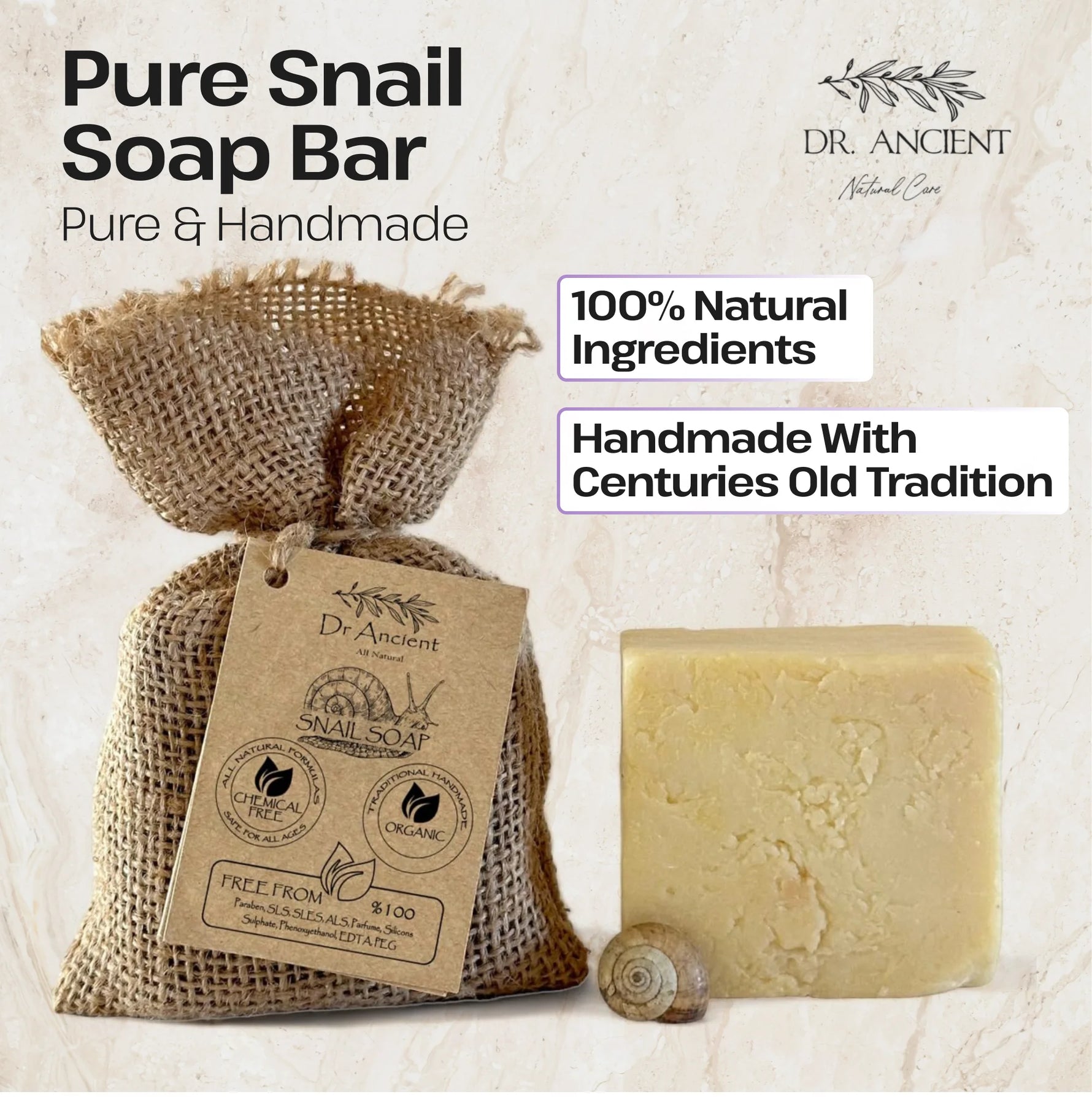 A bar of Dr. Ancient Pure Snail Soap shown with its burlap bag packaging and a small shell on a textured beige background.