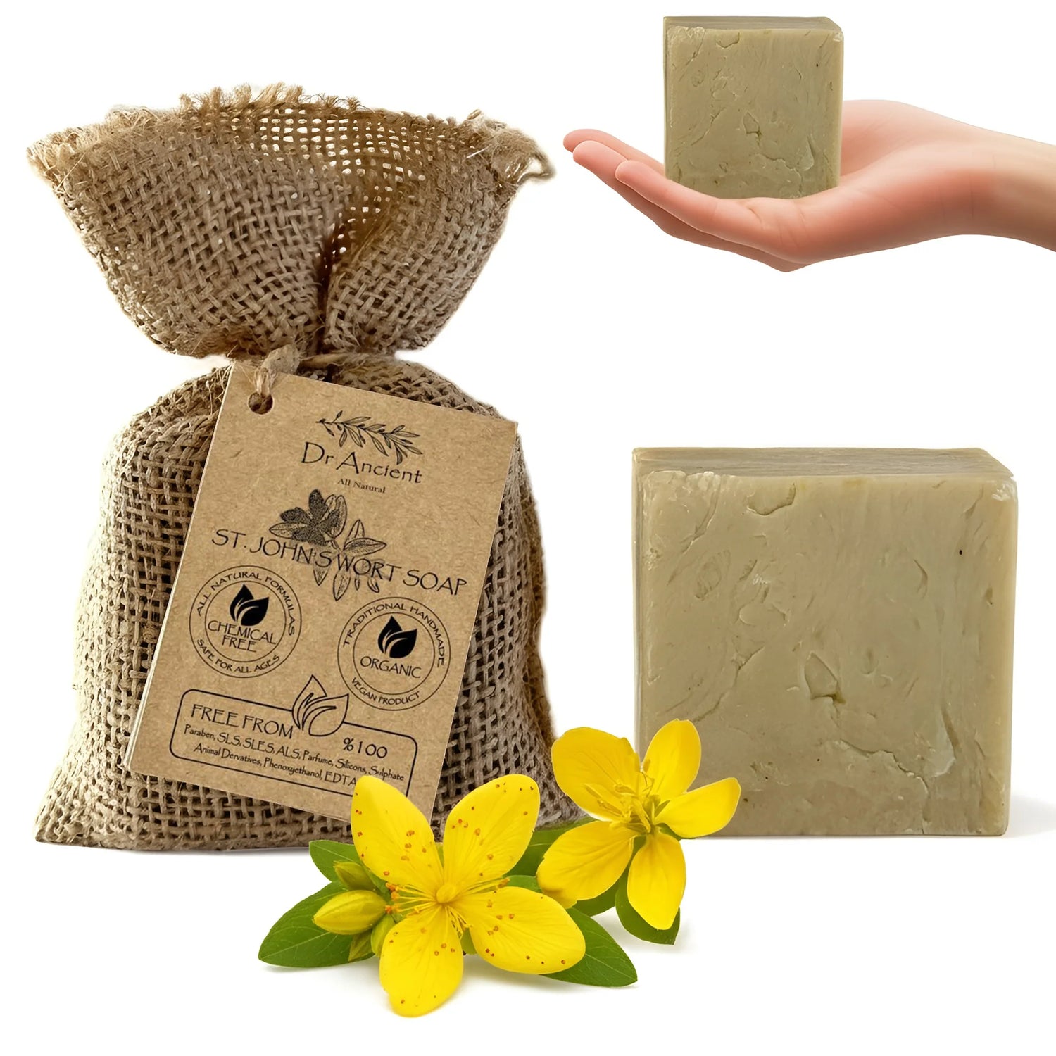 Dr. Angélique St. John's Wort Soap with burlap bag and yellow flowers on a white background