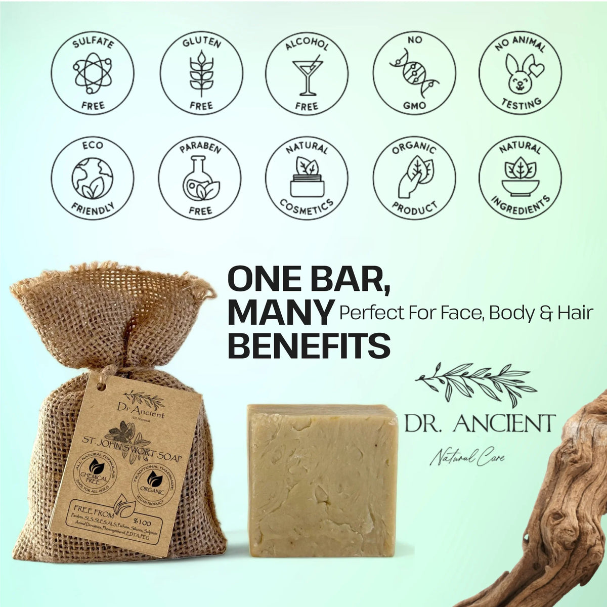 Dr. Ancient natural soap bar with packaging and branding on a light green background