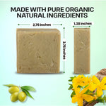A bar of natural soap shown on a pale mint background with text reading 'MADE WITH PURE ORGANIC NATURAL INGREDIENTS' and dimensions labeled 2.76 inches by 1.