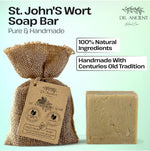 St. John's Wort soap bar with burlap packaging on a light green background