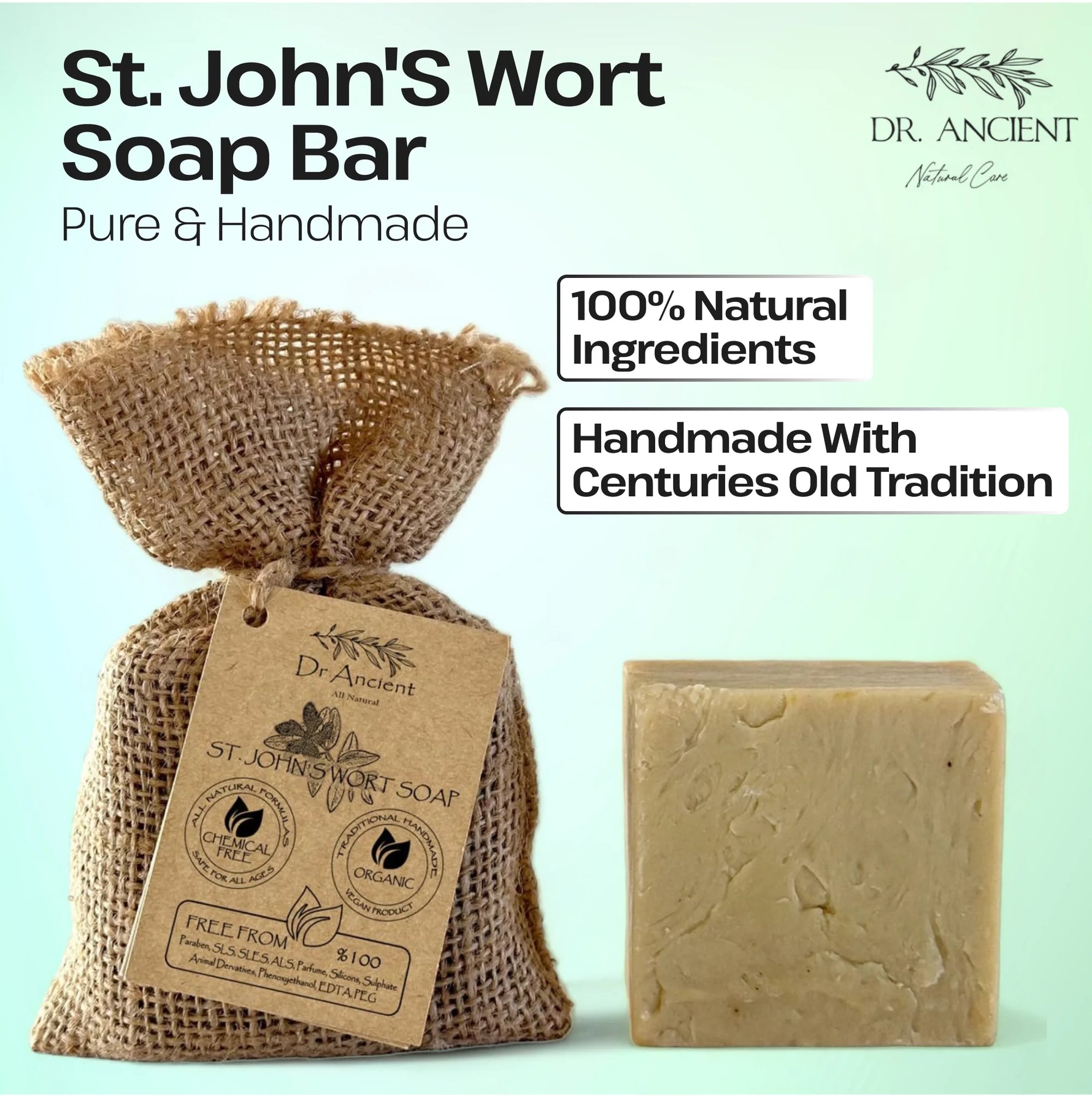 St. John's Wort soap bar with burlap packaging on a light green background