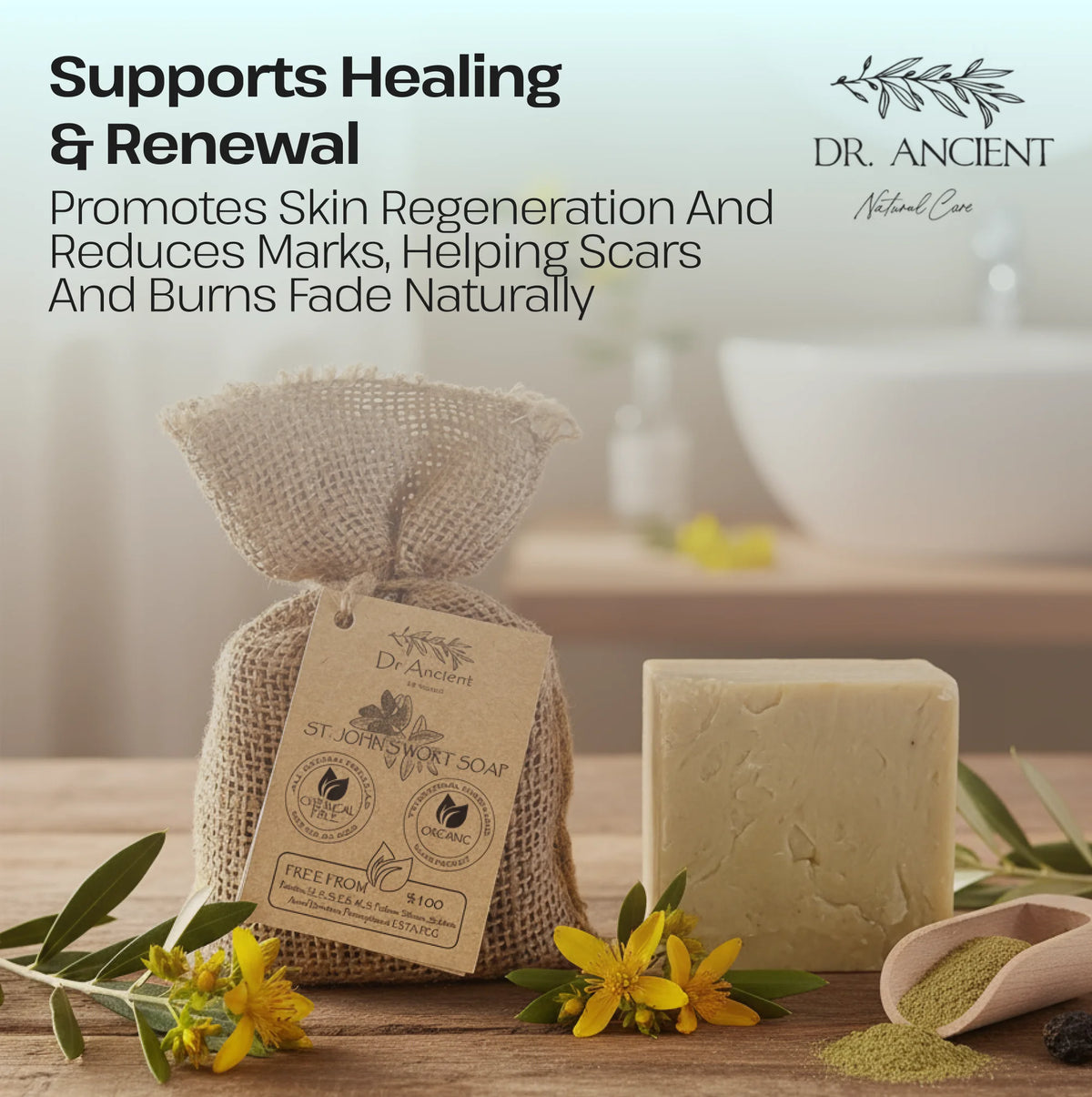 Dr. Ancient soap with packaging on a wooden surface with flowers and text about healing and renewal.