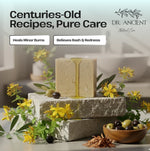 Dr. Ancient natural care products with herbs and flowers on a blurred background