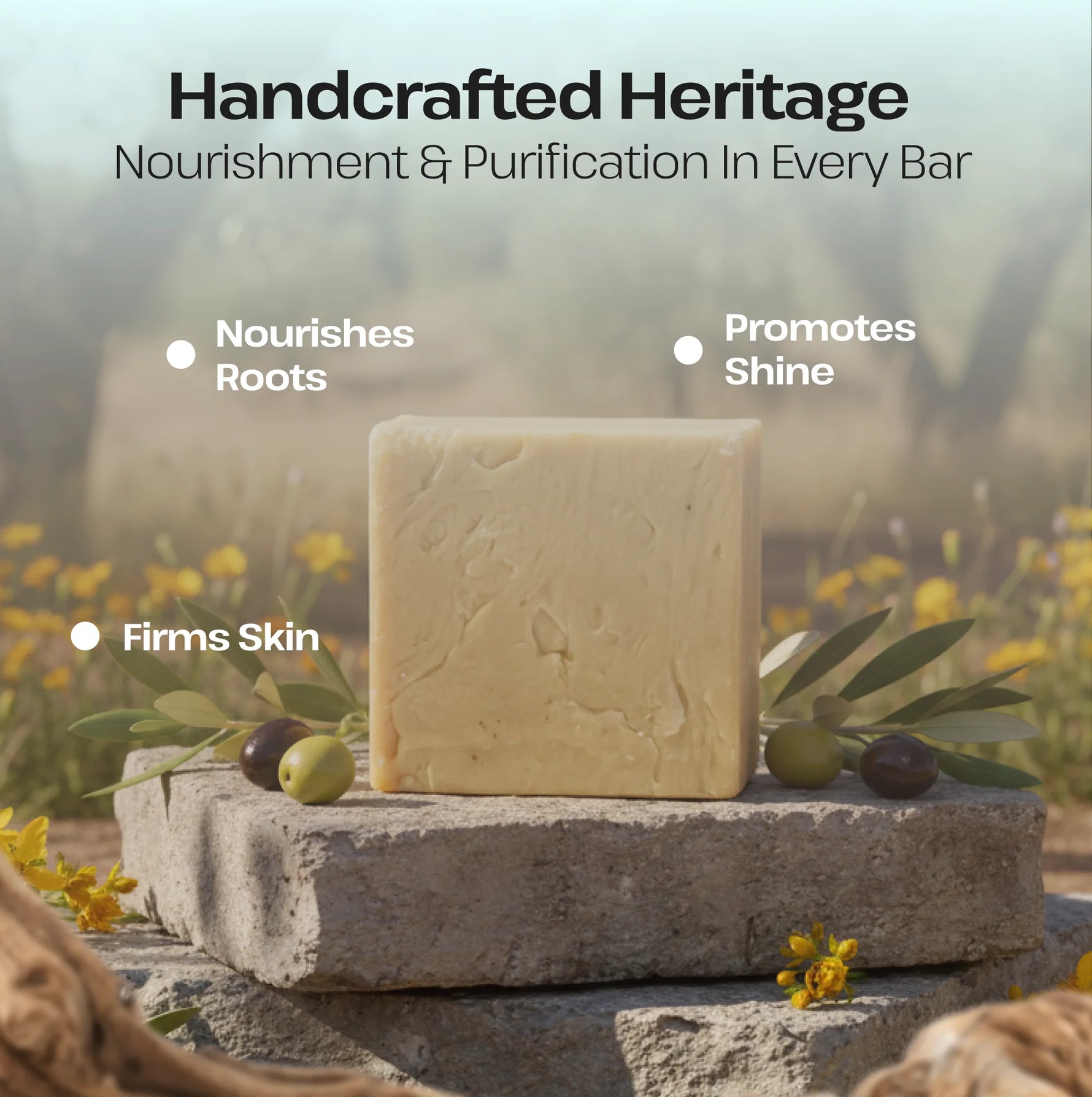 A rectangular bar of pale cream-colored soap or shampoo bar displayed on a stone pedestal outdoors, surrounded by olive branches and olives. The background is a soft-focus olive grove with text overlays reading 'Handcrafted Heritage', 'Nourishment & Purification In Every Bar', and feature callouts: 'Nourishes Roots', 'Promotes Shine', and 'Firms Skin'.