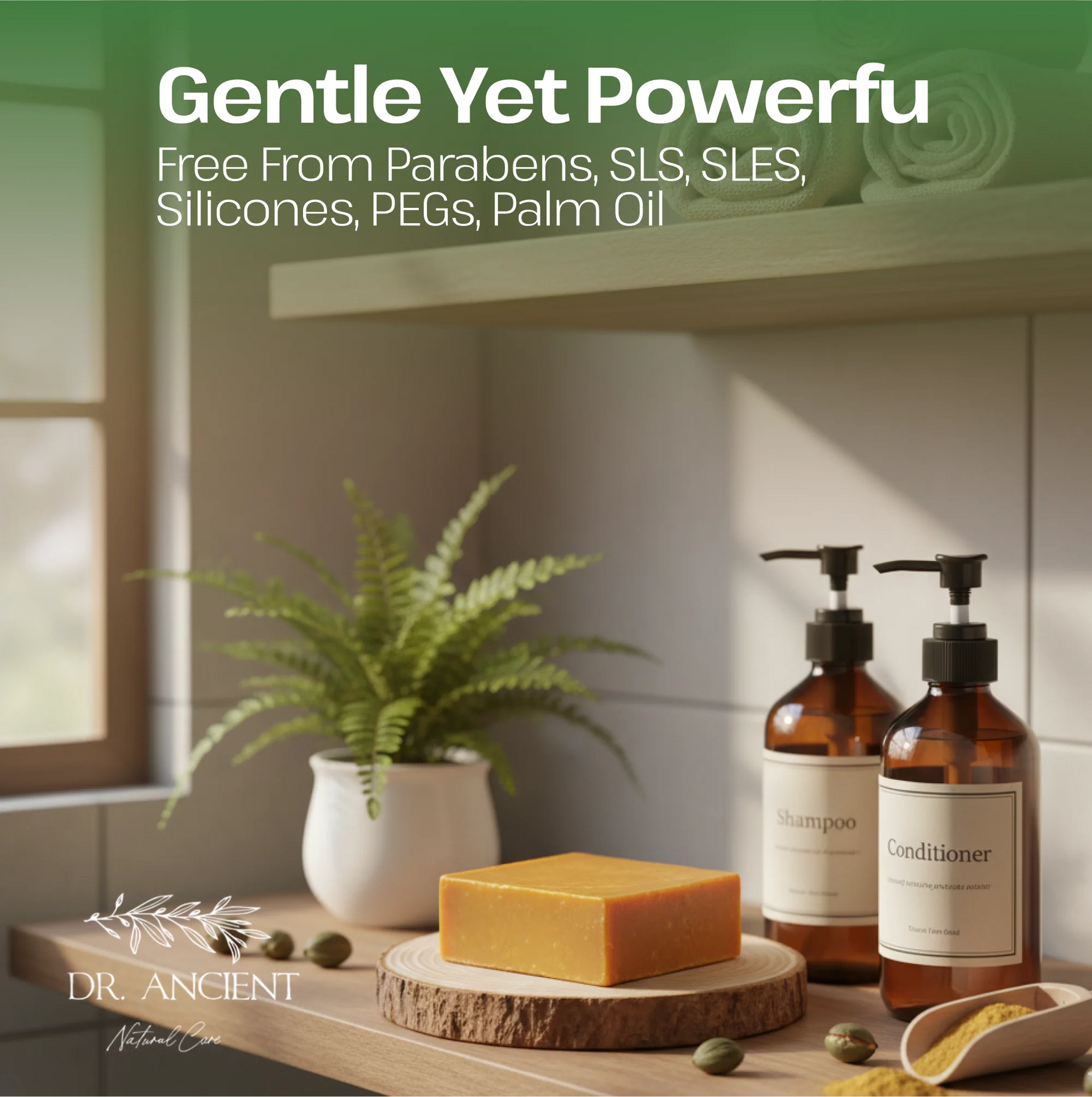 Bathroom setting with shampoo and conditioner bottles, soap, and a plant on a wooden shelf.