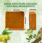A bar of orange-brown soap shown on a light green textured background with measurement labels indicating 2.76 by 1.