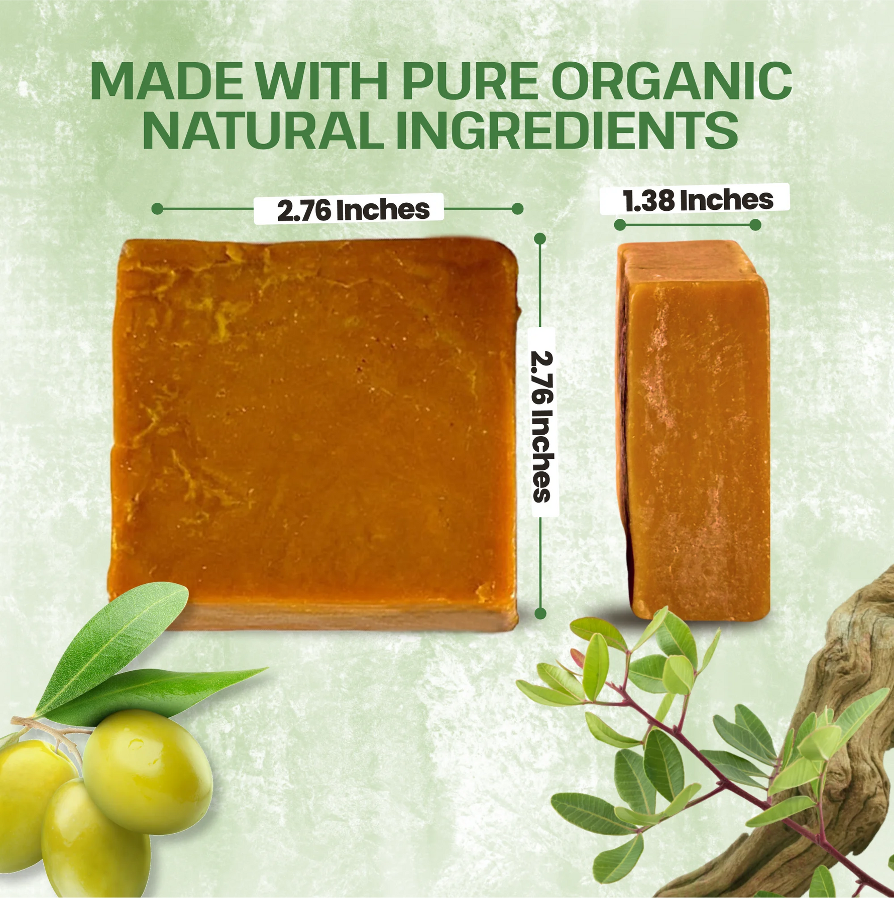 A bar of orange-brown soap shown on a light green textured background with measurement labels indicating 2.76 by 1.