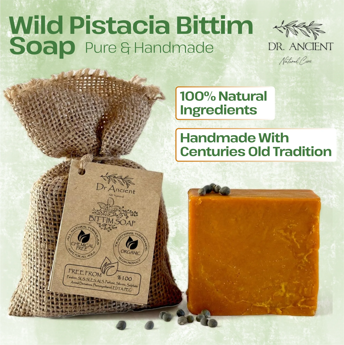 Wild Pistacia Bittim Soap by Dr. Ancient Natural Care, featuring a bar of orange-brown soap next to a burlap bag with a kraft paper tag, on a light green textured background with promotional text.