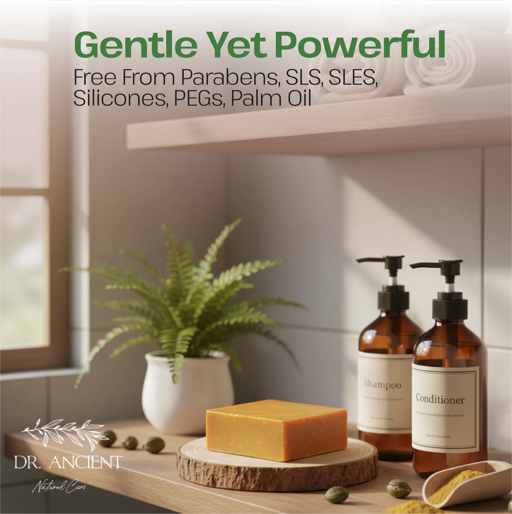 A styled bathroom or spa setting with two amber pump bottles labeled Shampoo and Conditioner, a rectangular bar of yellow-orange soap on a wood slice, a small potted fern, and overlaid marketing text reading 'Gentle Yet Powerful' and 'Free From Parabens, SLS, SLES, Silicones, PEGs, Palm Oil' with the brand DR. ANCIENT Natural Care.