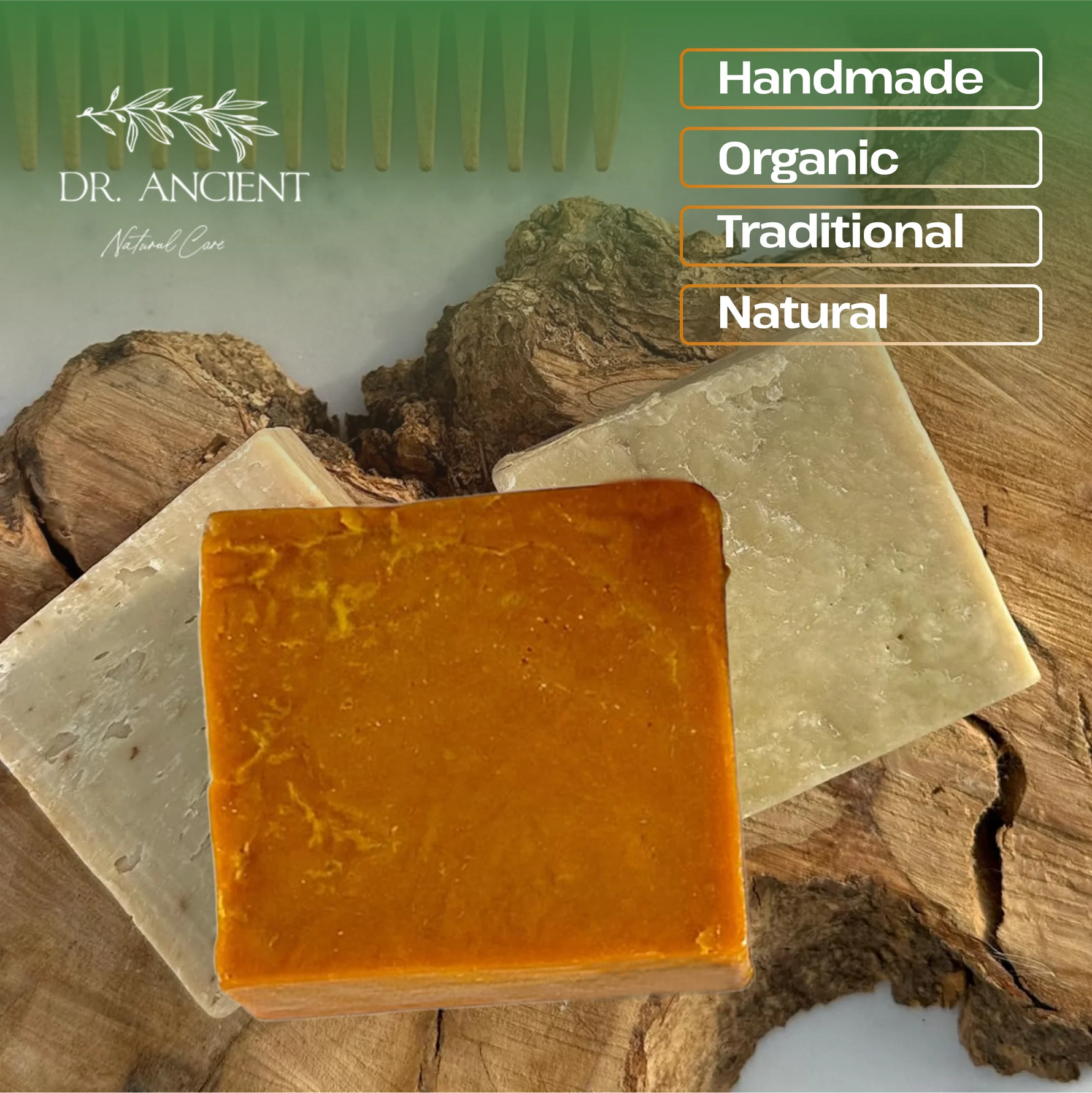 Two rectangular bars of soap displayed on a rustic wood slice background, with one bar in front in a warm amber-orange tone and the other behind in a pale creamy beige tone. The image includes the brand name Dr.