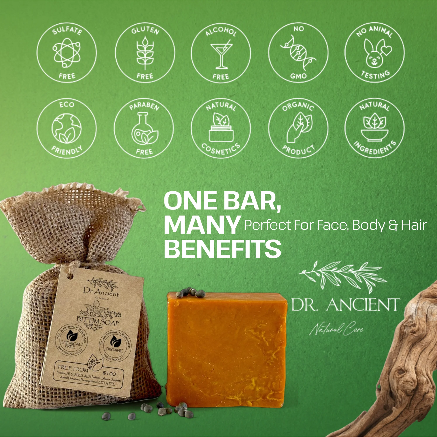 A bar of orange-amber soap stands upright next to a burlap bag with a kraft paper tag, set against a green background with product benefit icons and the brand name Dr. Ancient Natural Care.