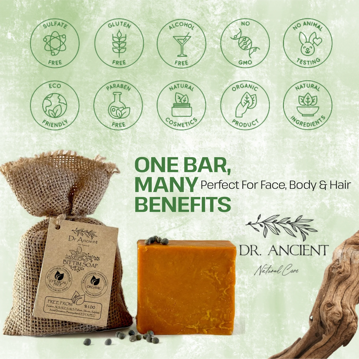 A bar of orange-amber soap displayed with a burlap bag tag and scattered peppermint leaves on a pale green textured background. The image includes circular icons for product benefits such as sulfate-free, gluten-free, alcohol-free, and natural ingredients, along with the brand name Dr.