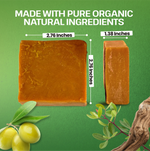 Two bars of soap with measurements on a green background, featuring text 'Made with pure organic natural ingredients'.