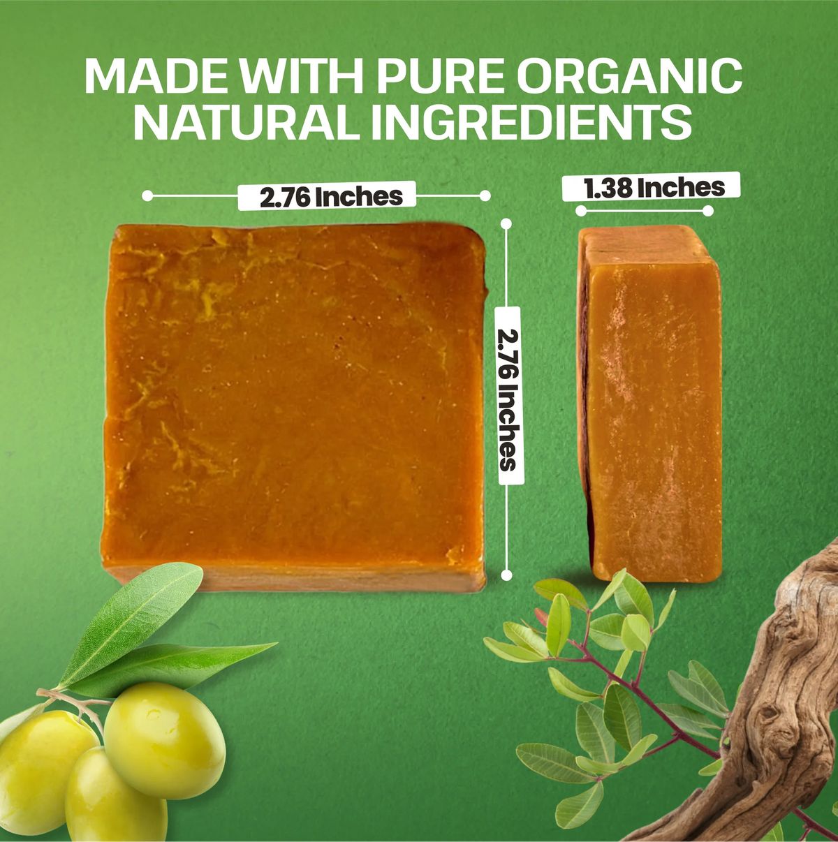 Two bars of soap with measurements on a green background, featuring text 'Made with pure organic natural ingredients'.