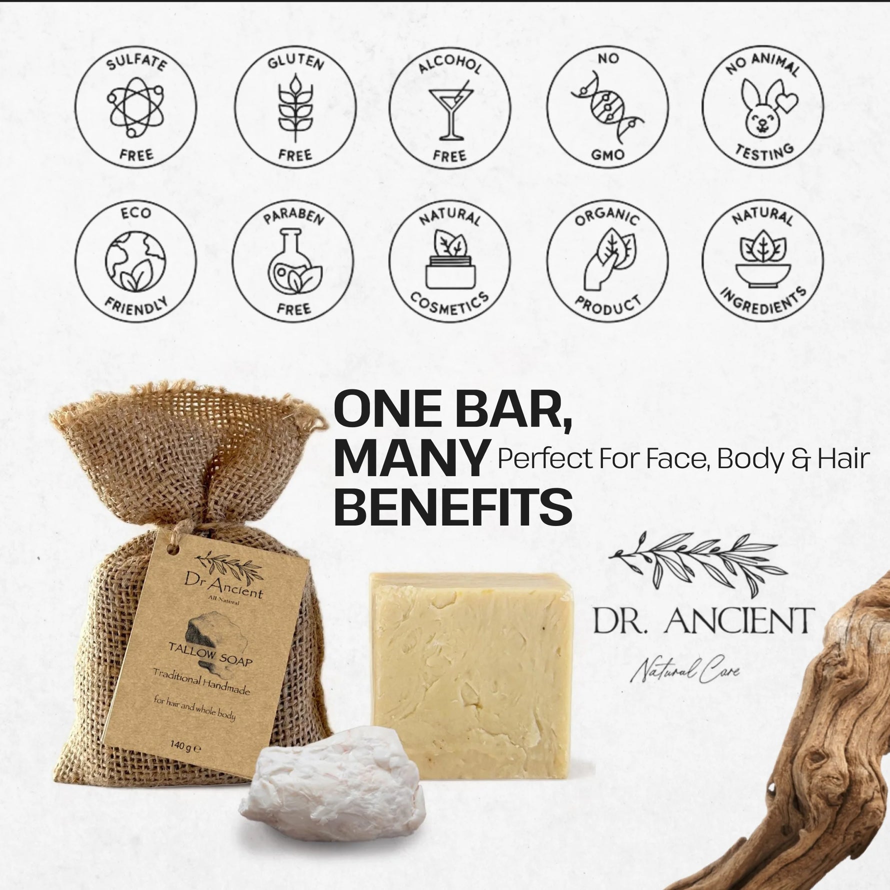 Dr. Ancient soap bar with packaging and branding elements on a white background