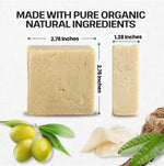 Two bars of soap with dimensions and organic ingredients text on a white background.