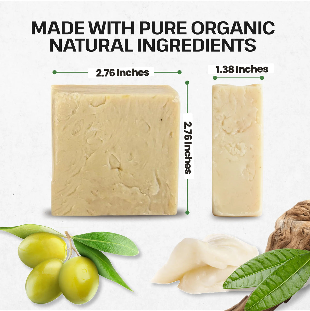 Two bars of soap with dimensions and organic ingredients text on a white background.