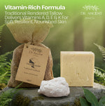 Dr. Ancient Tallow Soap with packaging and ingredients on a natural background
