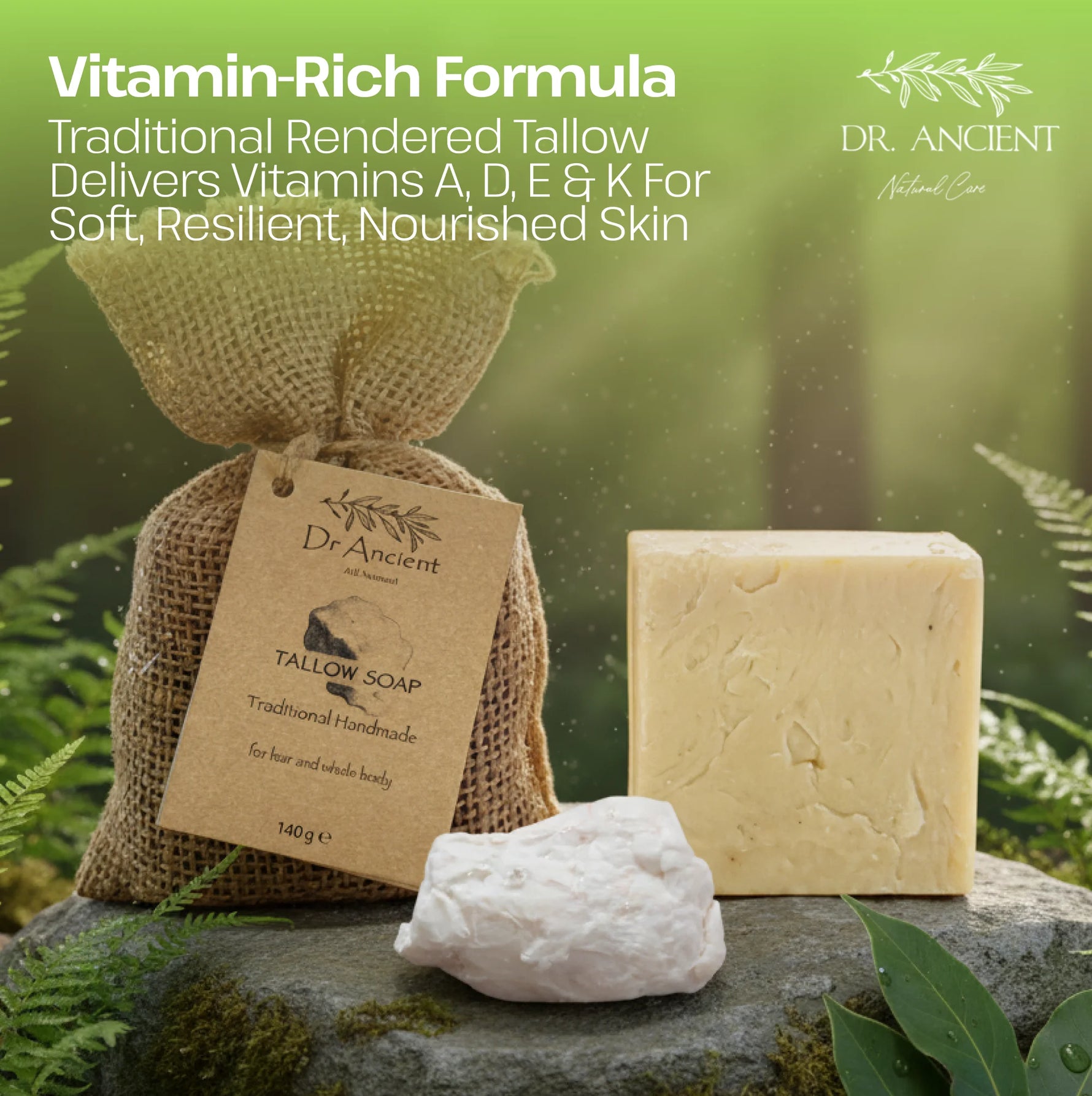 Dr. Ancient Tallow Soap with packaging and ingredients on a natural background