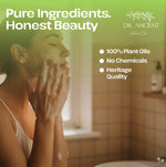 A promotional beauty graphic with a woman applying foaming cleanser to her face in a bathroom setting. Large text reads 'Pure Ingredients.