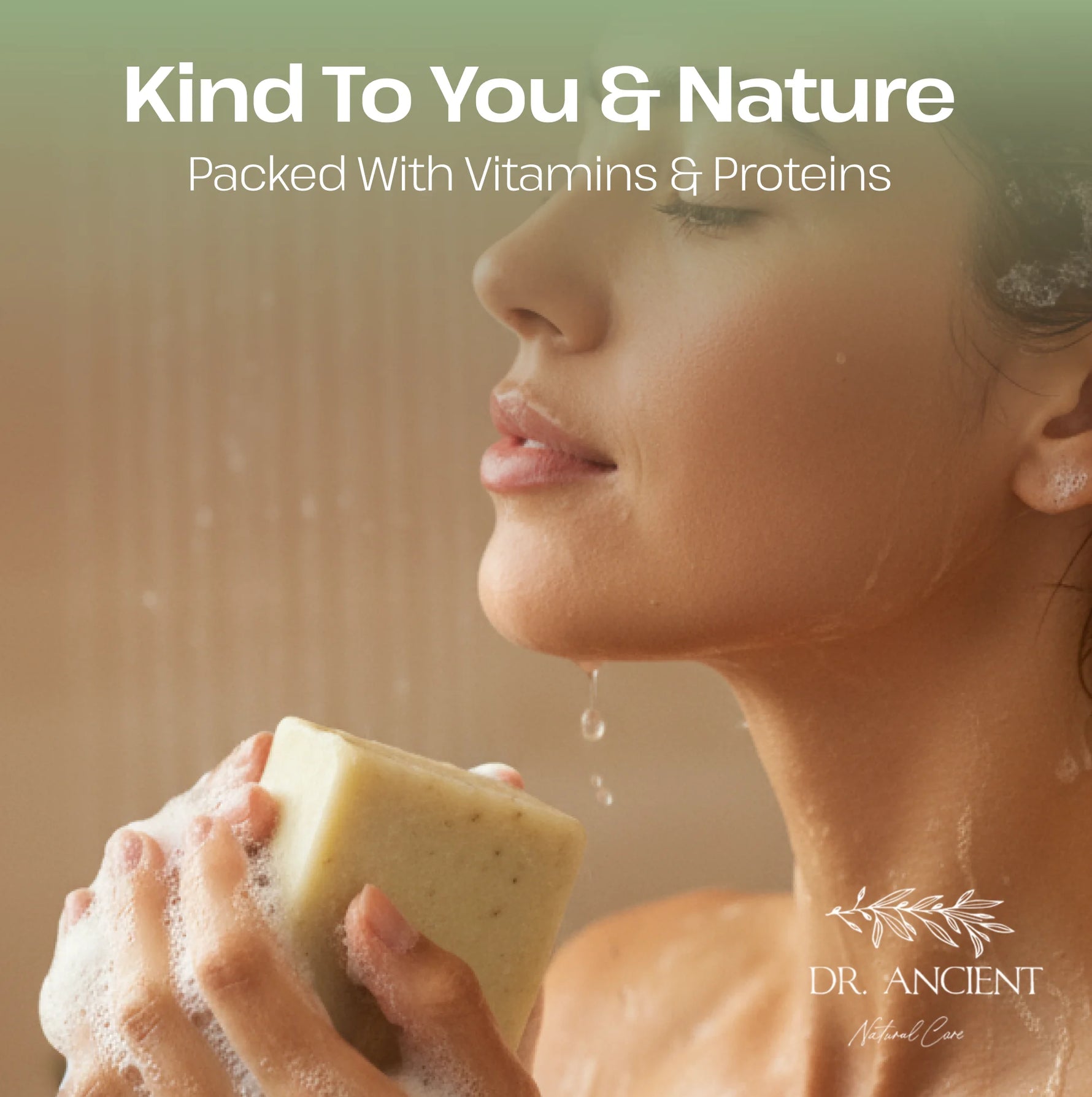 Person holding a bar of soap with a blurred shower background, featuring 'Dr. Ancient' branding.