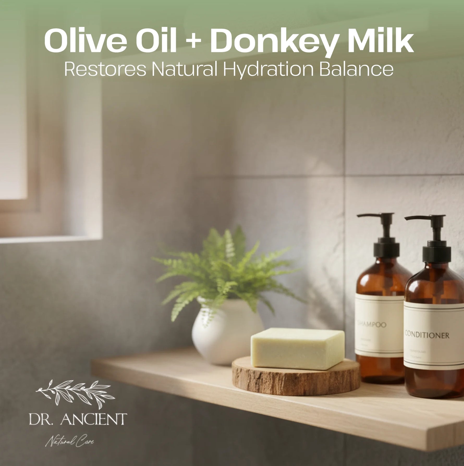 Bathroom shelf with olive oil and donkey milk products, featuring a plant and soap.