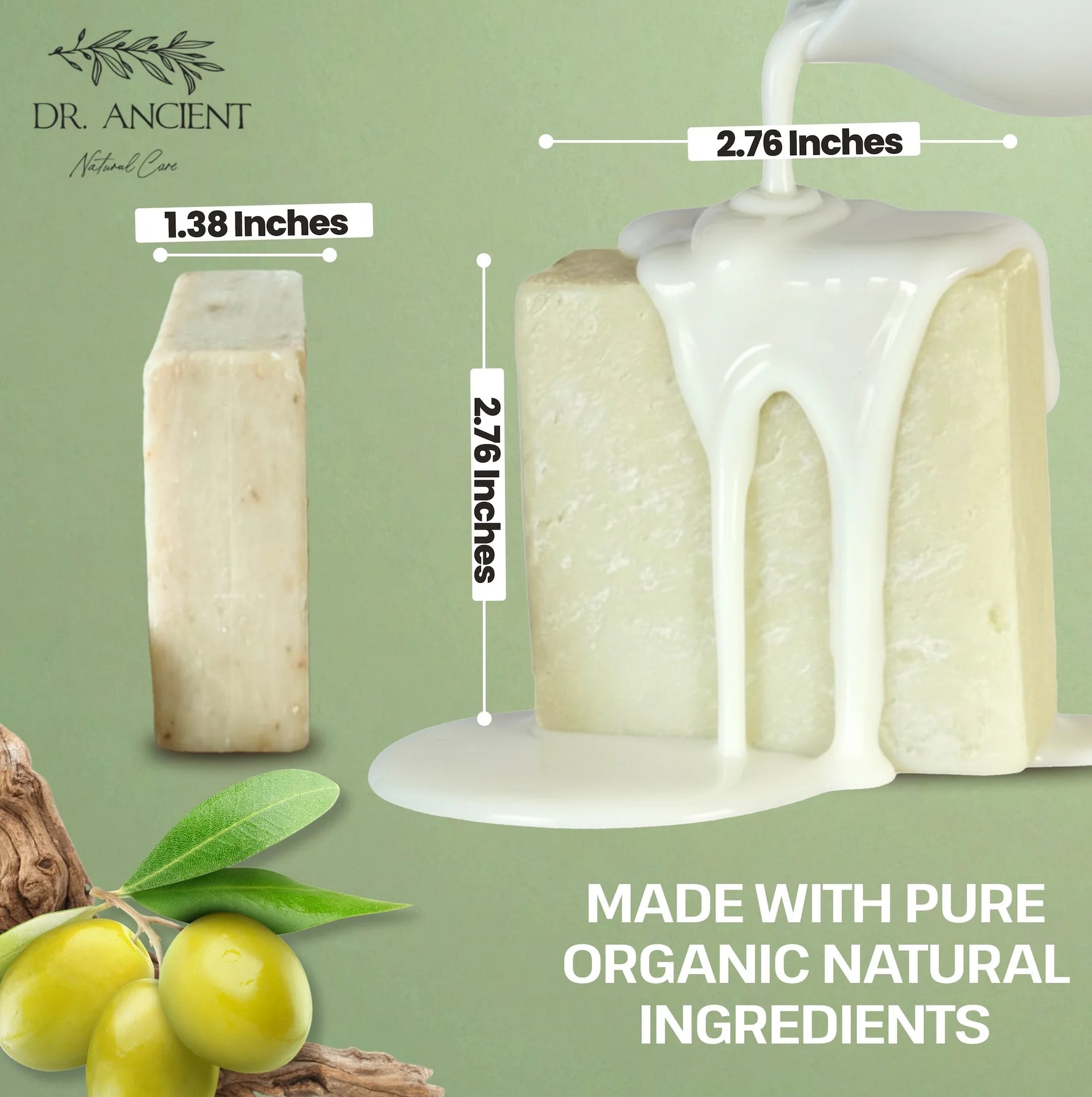 A bar of Dr. Ancient Natural Cares soap shown in two views on a pale green background, with overlaid dimensions indicating 1.