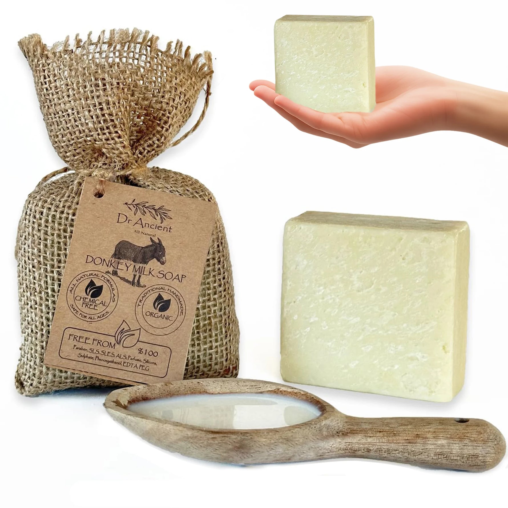 Dr. Ambedkar Donley's Milk Soap with a burlap bag and wooden scoop on a white background