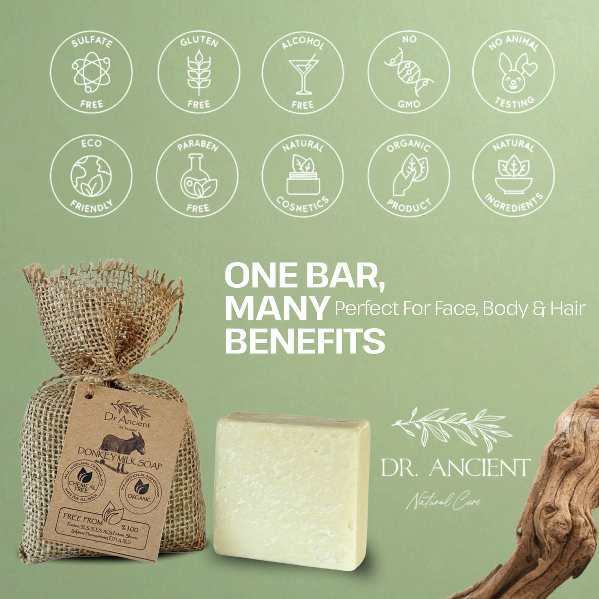 A bar of Dr. Ancient Dog Free Body & Hair Soap shown next to its burlap-wrapped packaging on a sage green background with product feature icons and text.