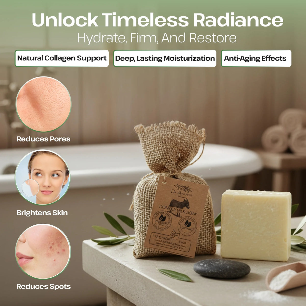 Cosmetic product packaging with text on a blurred bathroom background