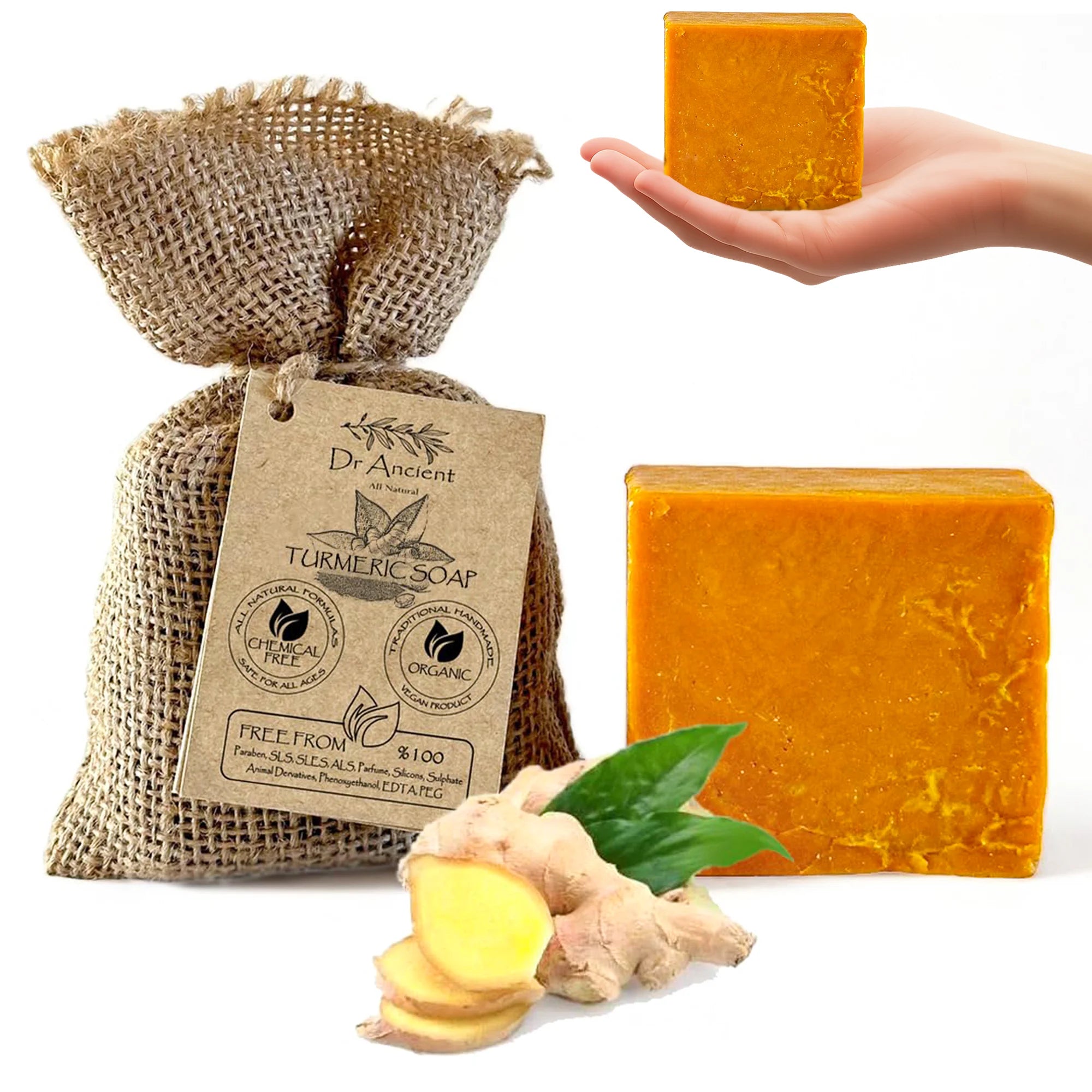 Turmeric soap with a burlap bag, ginger root, and leaves on a white background.