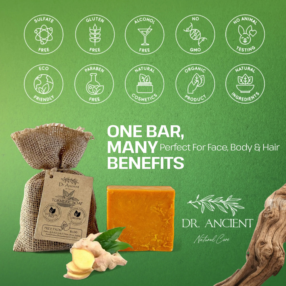 Dr. Ancient soap bar with packaging and natural ingredients on a green background