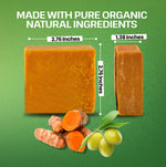 A bar of orange-brown soap is shown on a green background with text reading 'MADE WITH PURE ORGANIC NATURAL INGREDIENTS' and dimensions labeled 2.76 inches by 1.