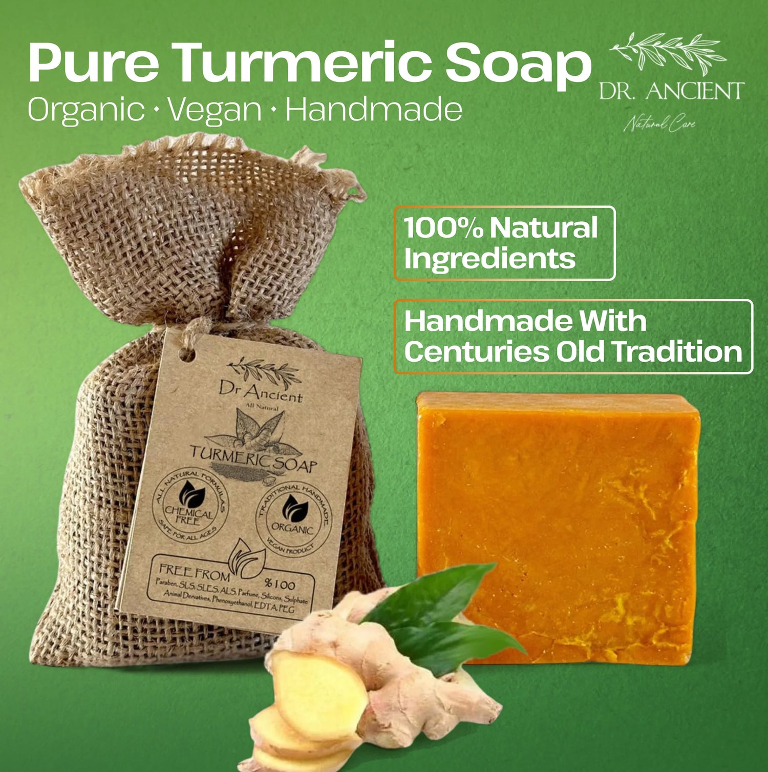 Pure Turmeric Soap from Dr. Ancient with packaging and ingredients on a green background
