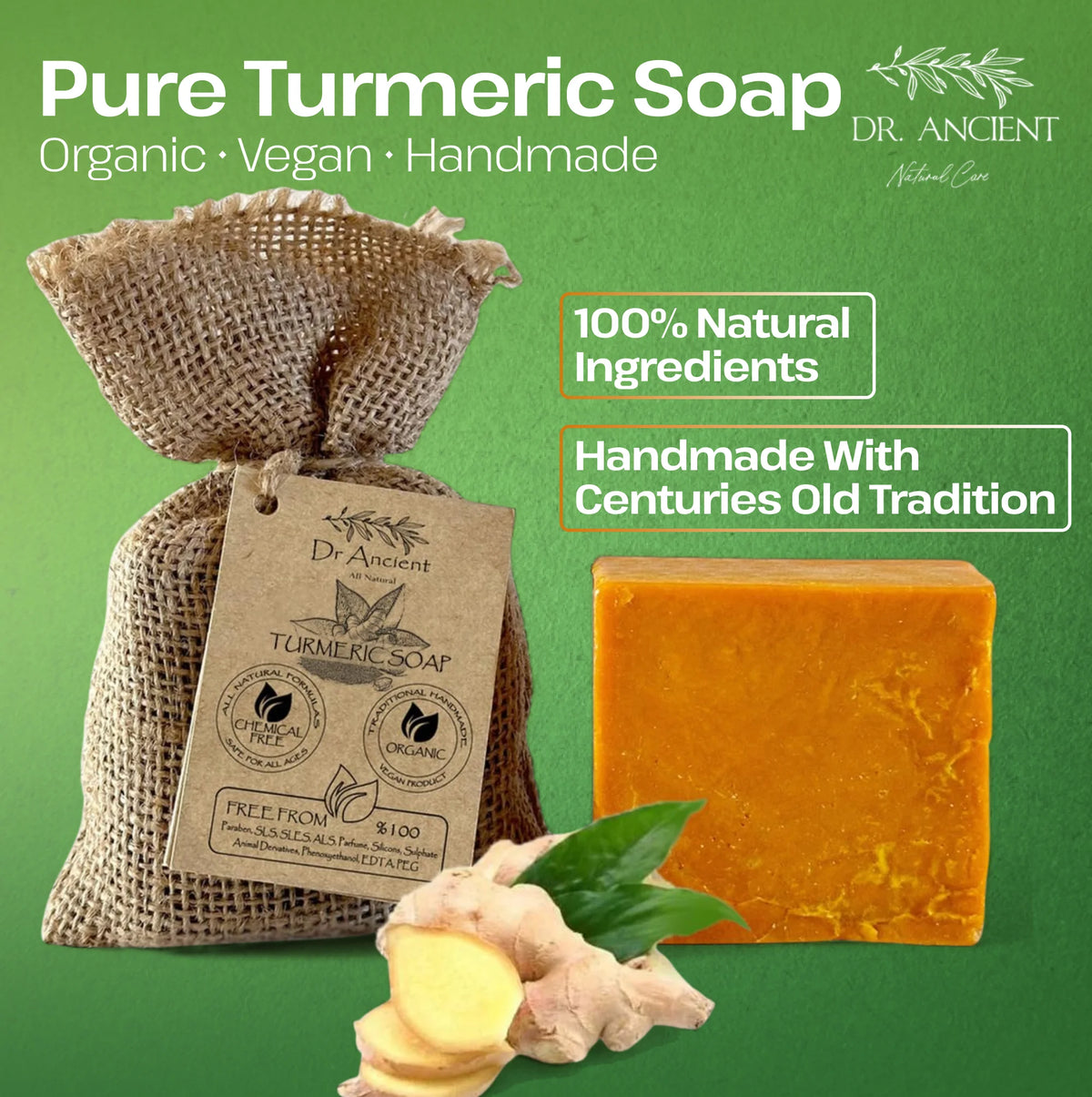 Pure Turmeric Soap from Dr. Ancient with packaging and ingredients on a green background